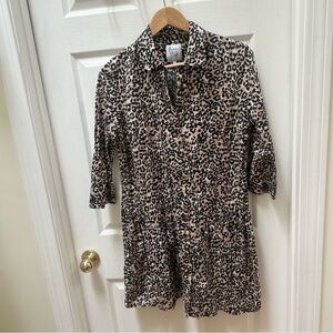 The Shirt by Rochelle Behrens Leopard drop waist Button-Up collared Dress L tan